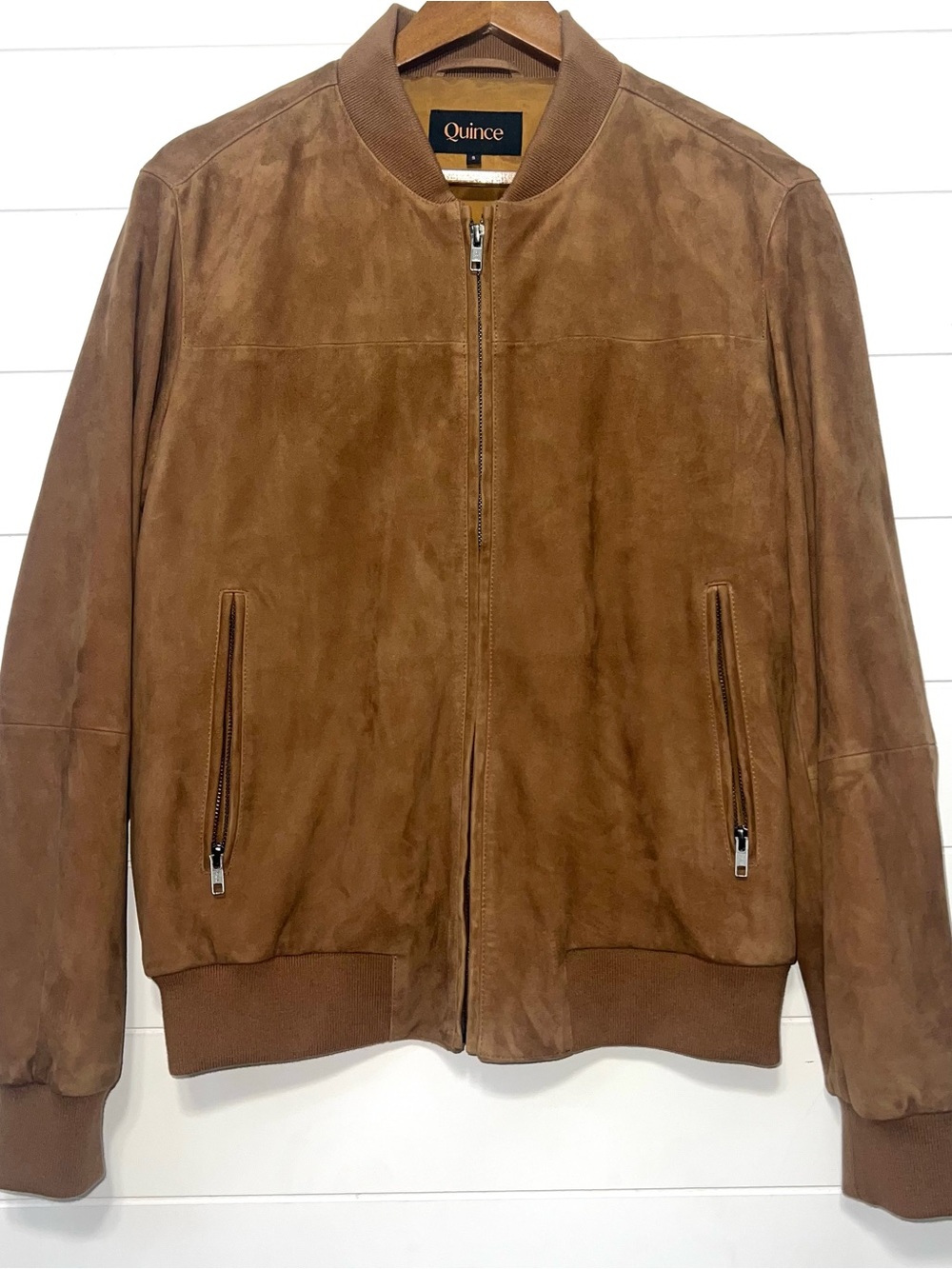 Quince 100% Goat Suede Bomber Jacket Cognac Brown Quiet Luxury S